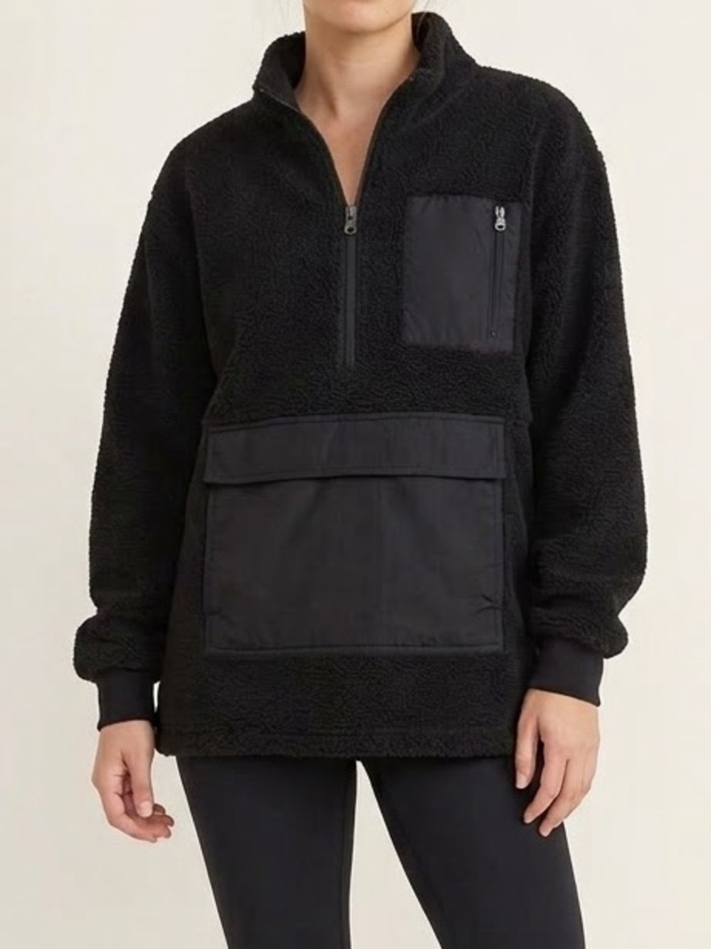 OFFLINE by Aerie Black Fleece Quarter Zip Pullover Size Large Sweater Jacket